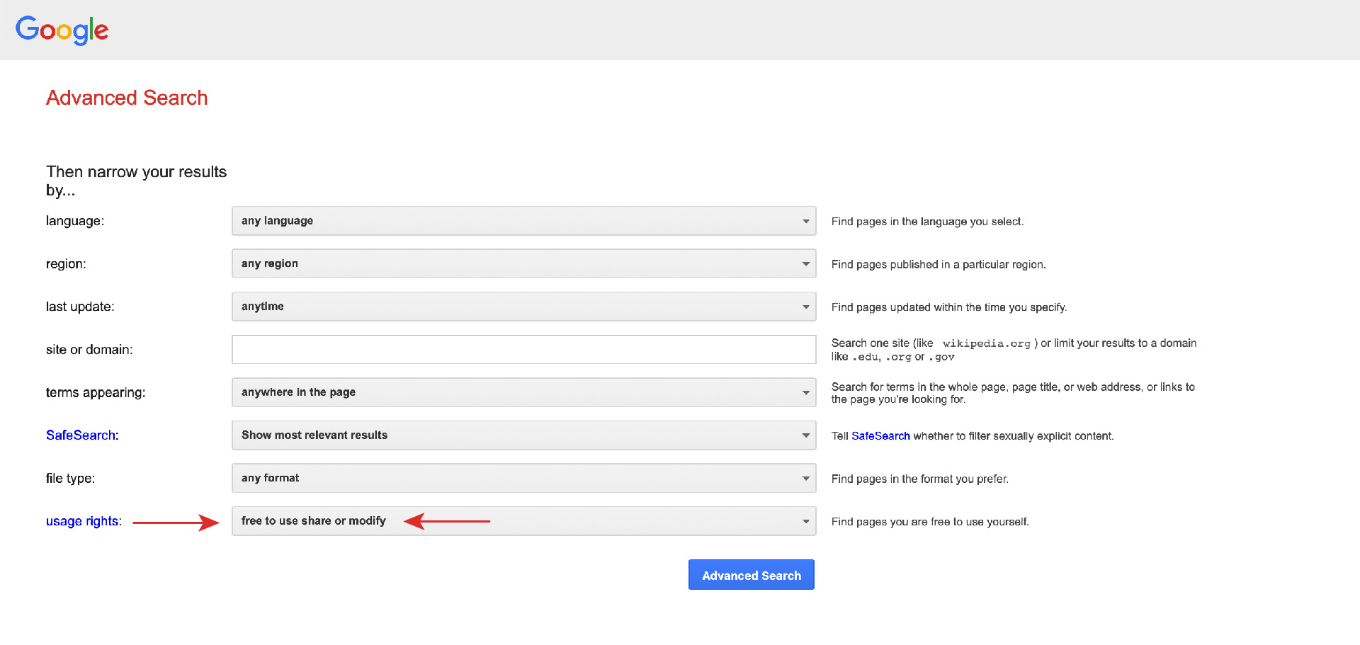 Screenshot of the Google Advanced Search page, with the "Usage Rights" filter highlighted by arrows.