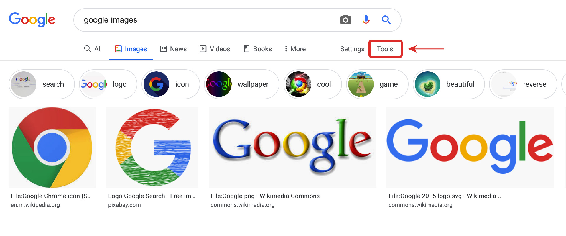 Screenshot of Google Image search results, with the "Tools" button highlighted.