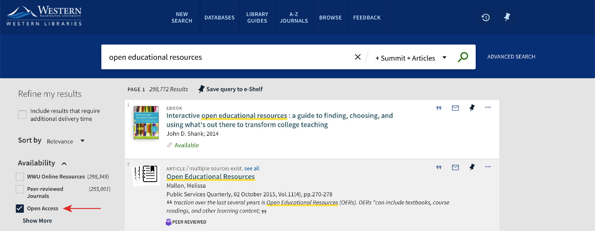 Screenshot of Western Libraries search results, with the "Open Access" checkbox on the left side of the page highlighted.